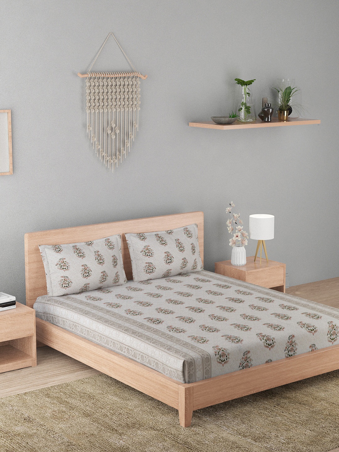 

A Homes Grace Taupe Printed 180 TC Cotton Queen Bedsheet with 2 Pillow Covers