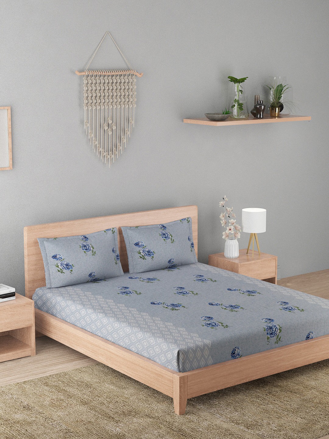 

A Homes Grace Blue & Grey Floral Printed 180 TC Cotton Queen Bedsheet with 2 Pillow Covers