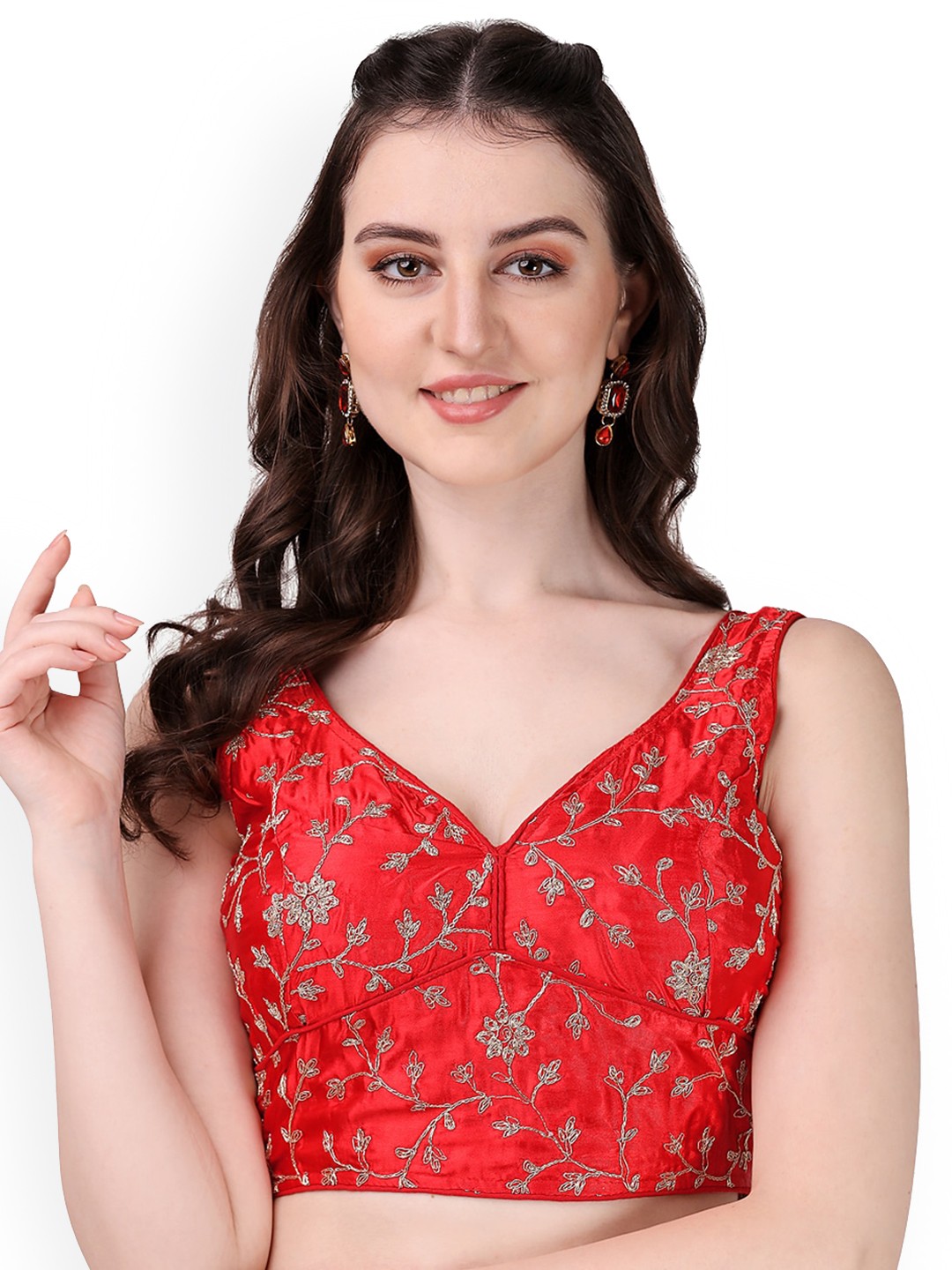 

PUJIA MILLS Embroidered Sleeveless Silk Saree Blouse, Red