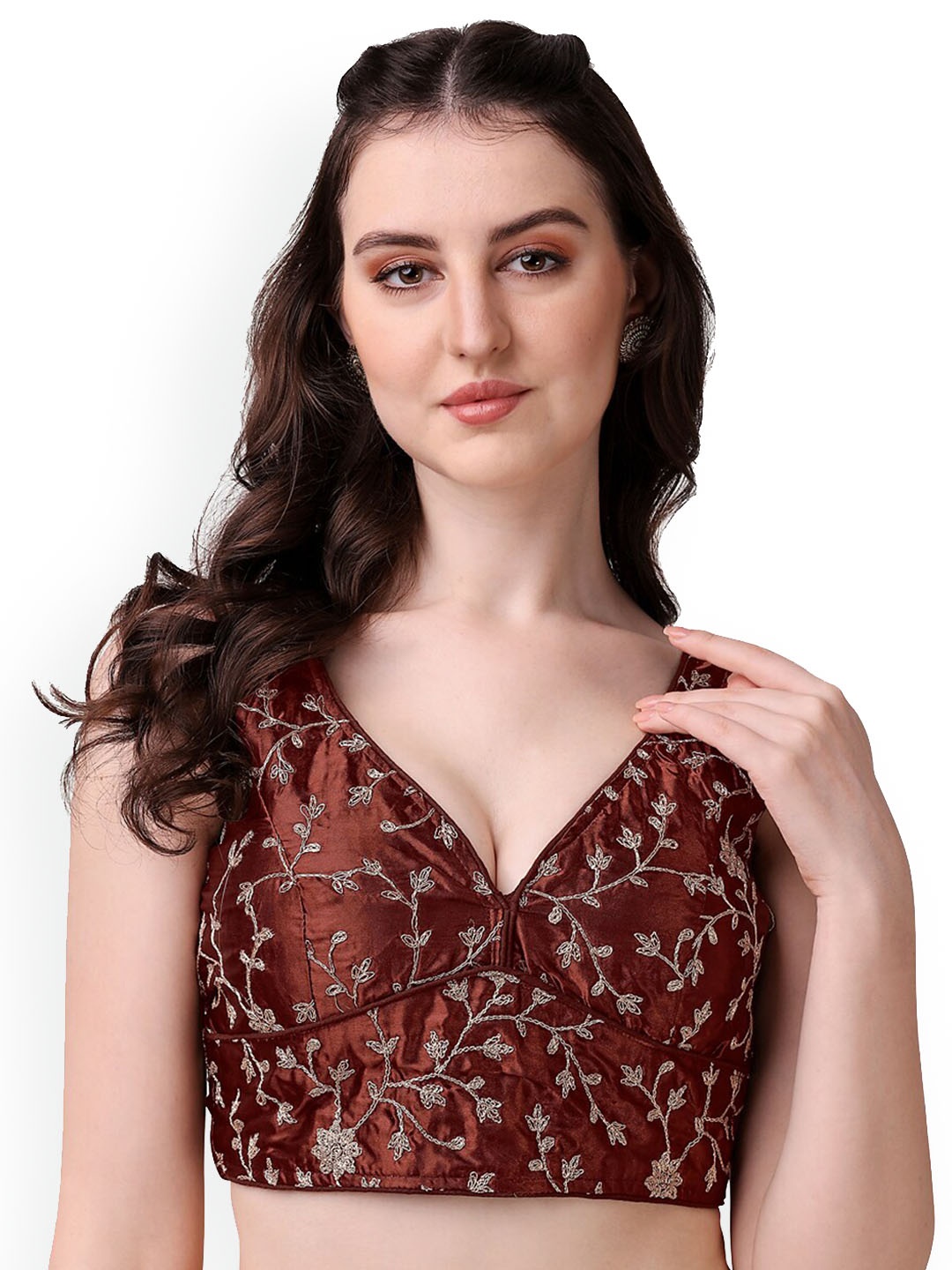 

PUJIA MILLS Embroidered Saree Blouse, Brown