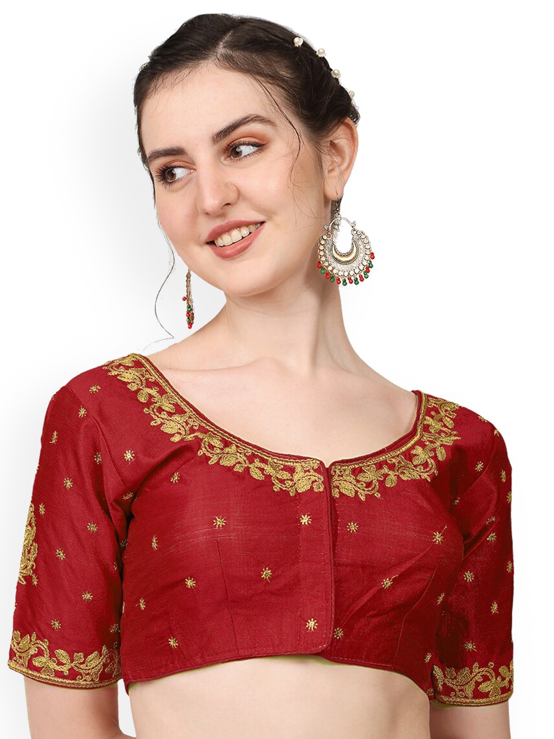 

PUJIA MILLS Embroidered Short Sleeves Silk Saree Blouse, Maroon