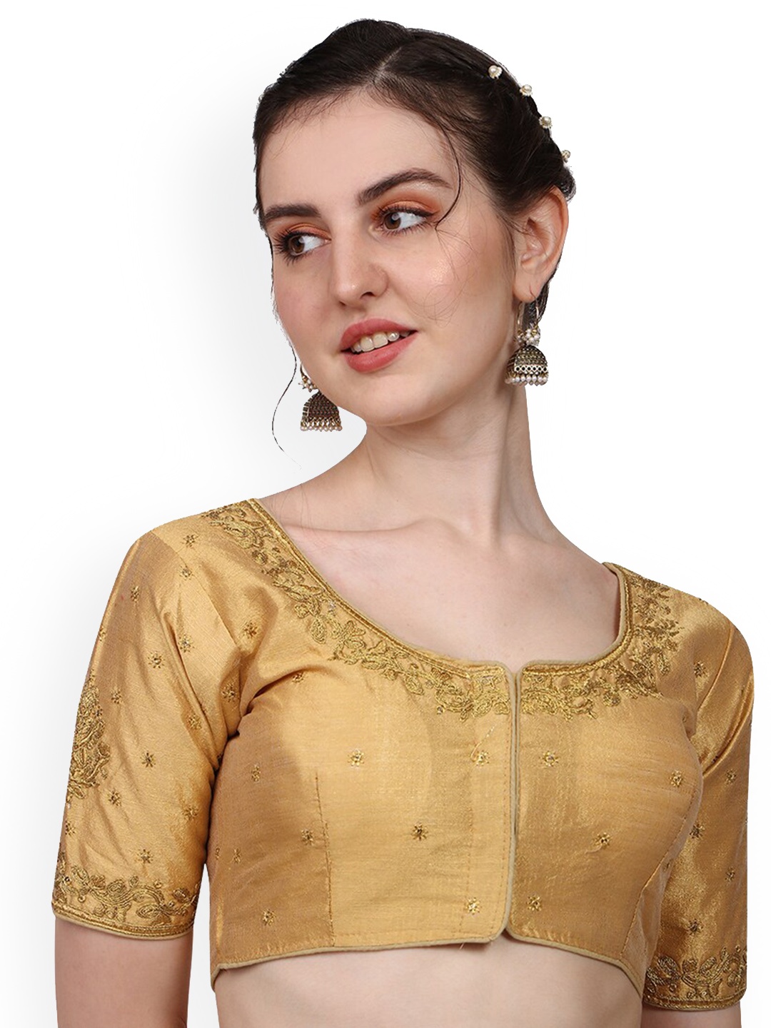 

PUJIA MILLS Embroidered Padded Saree Blouse, Gold