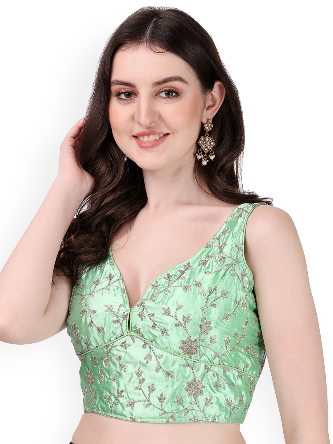 

PUJIA MILLS Embroidered Silk Sleeveless Saree Blouse, Lime green