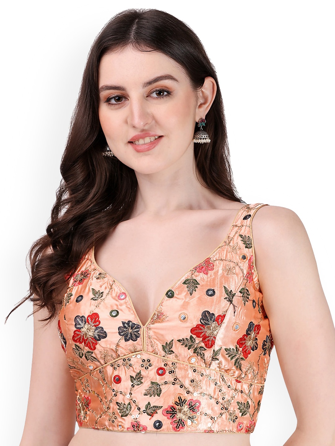 

PUJIA MILLS Sequin Embroidered Silk Sleeveless Saree Blouse, Peach