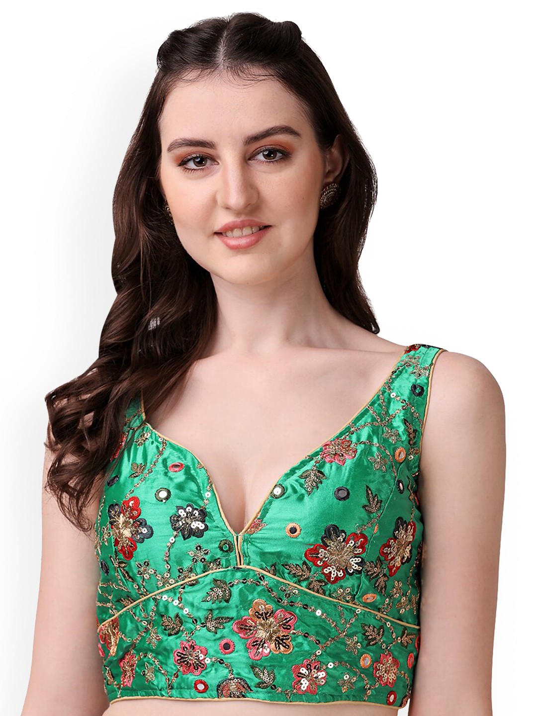 

PUJIA MILLS Embroidered Silk Saree Blouse, Green