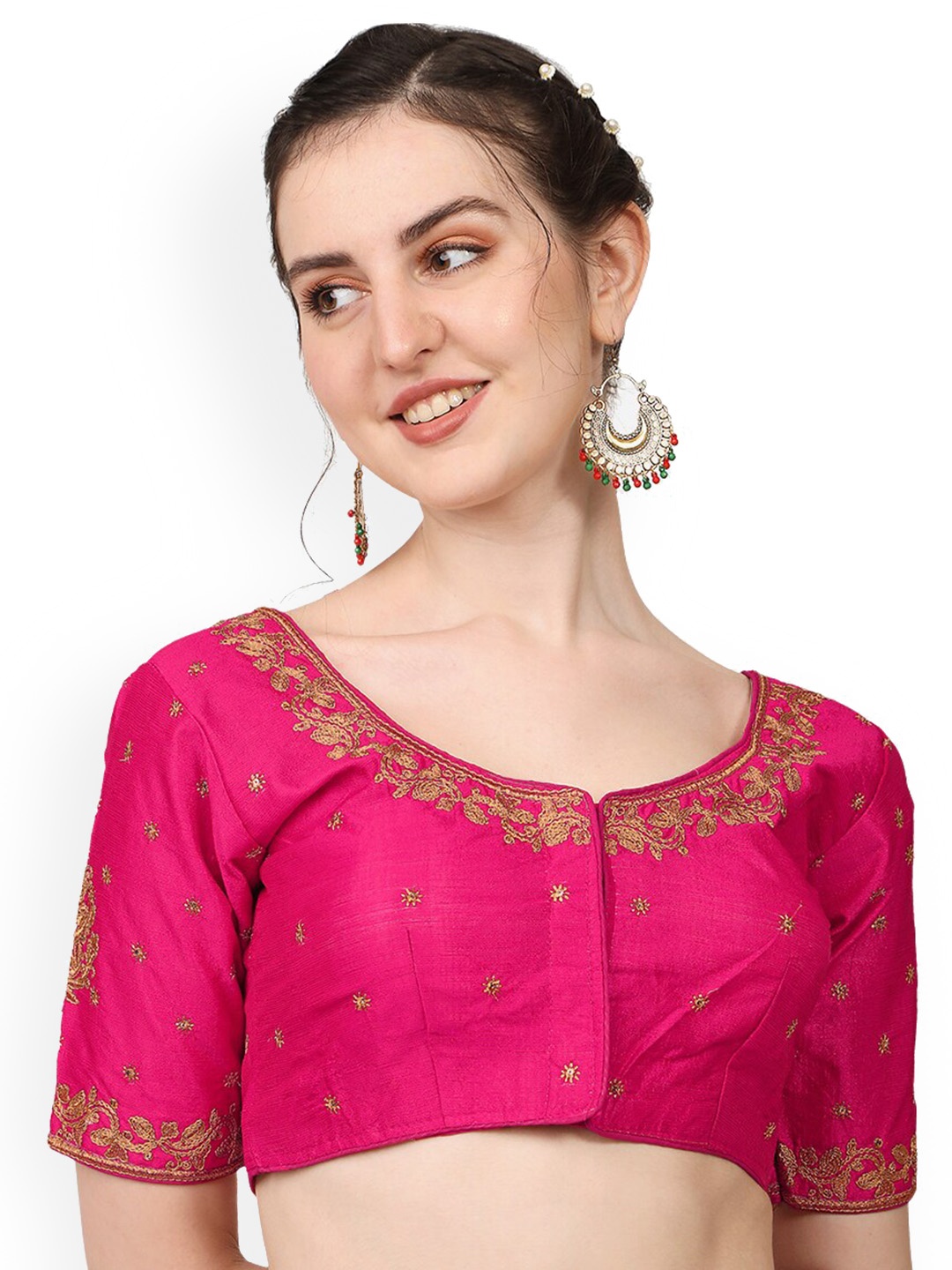 

PUJIA MILLS Embroidered Short Sleeve Saree Blouse, Pink