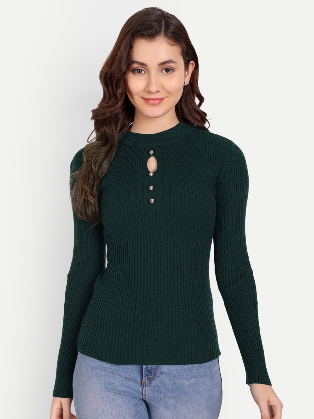 

iki chic Women Ribbed Pullover, Green