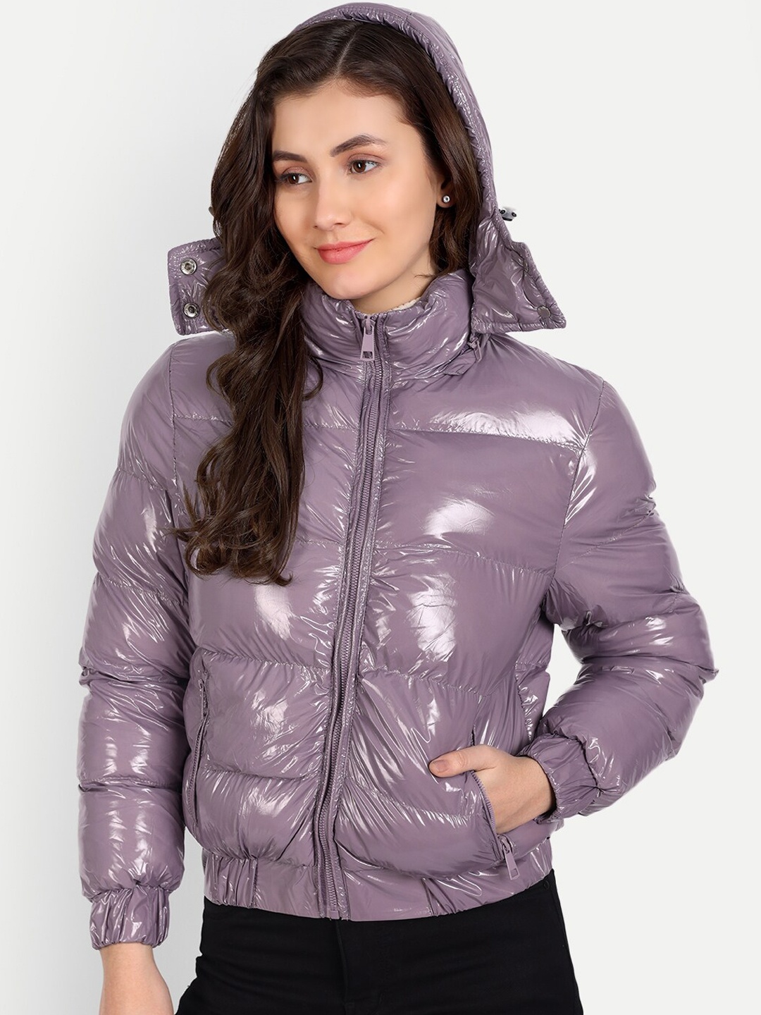 iki chic Women Windcheater and Water Resistant Hooded Padded Jacket, Purple