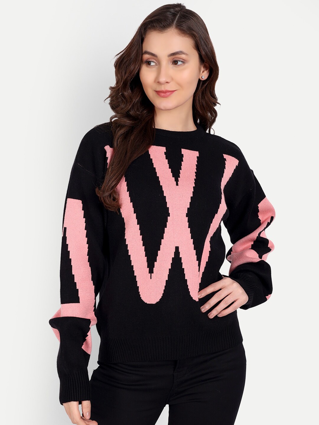

iki chic Women Typography Wool Pullover, Black