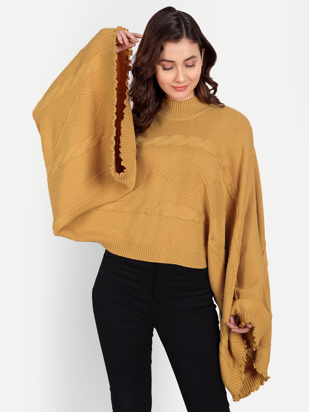 

iki chic Women Cable Knit Wool Poncho, Mustard
