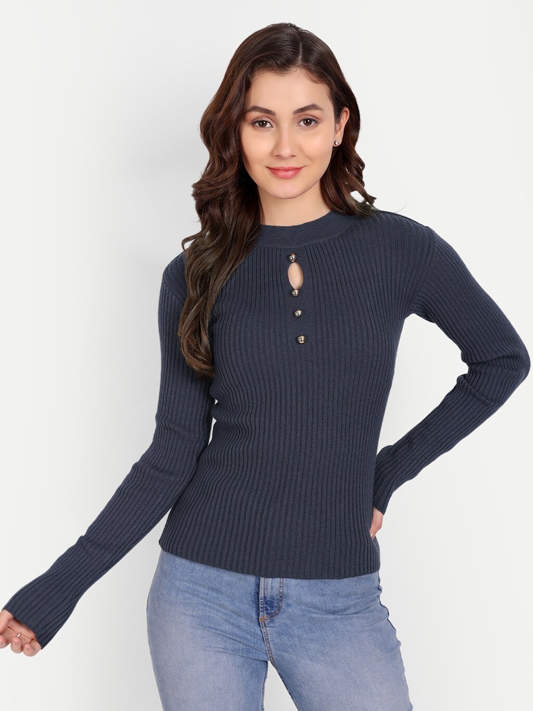 

iki chic Women Ribbed Wool Pullover, Grey