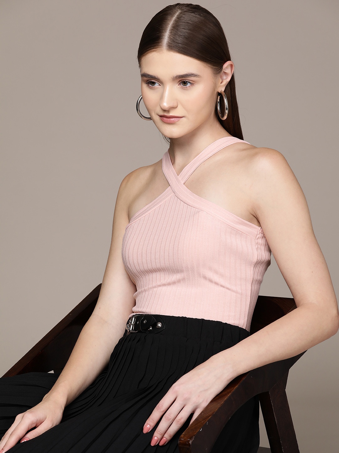 

bebe Women Pink Brighter Basics Self-Striped Shoulder Straps Fitted Top