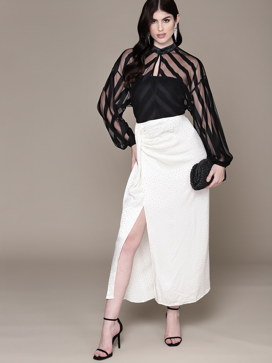

bebe Future Glam Puff Sleeves Net Top, Black