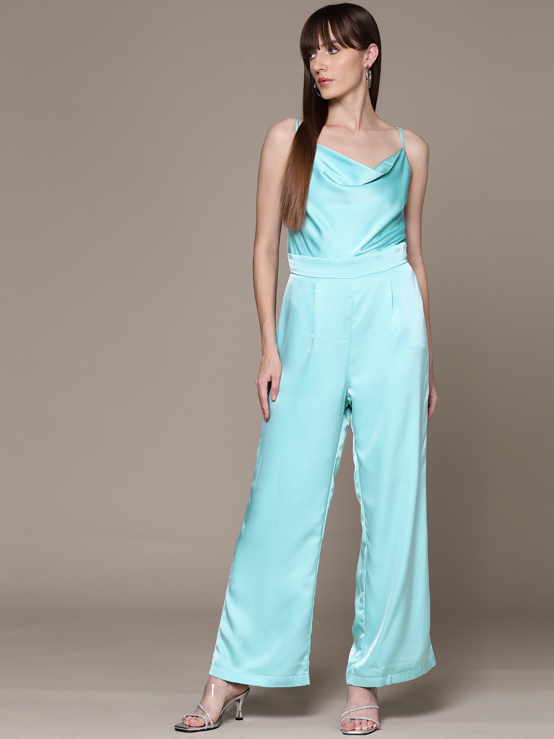 

bebe Party Satin Cowl Neck Basic Jumpsuit, Blue