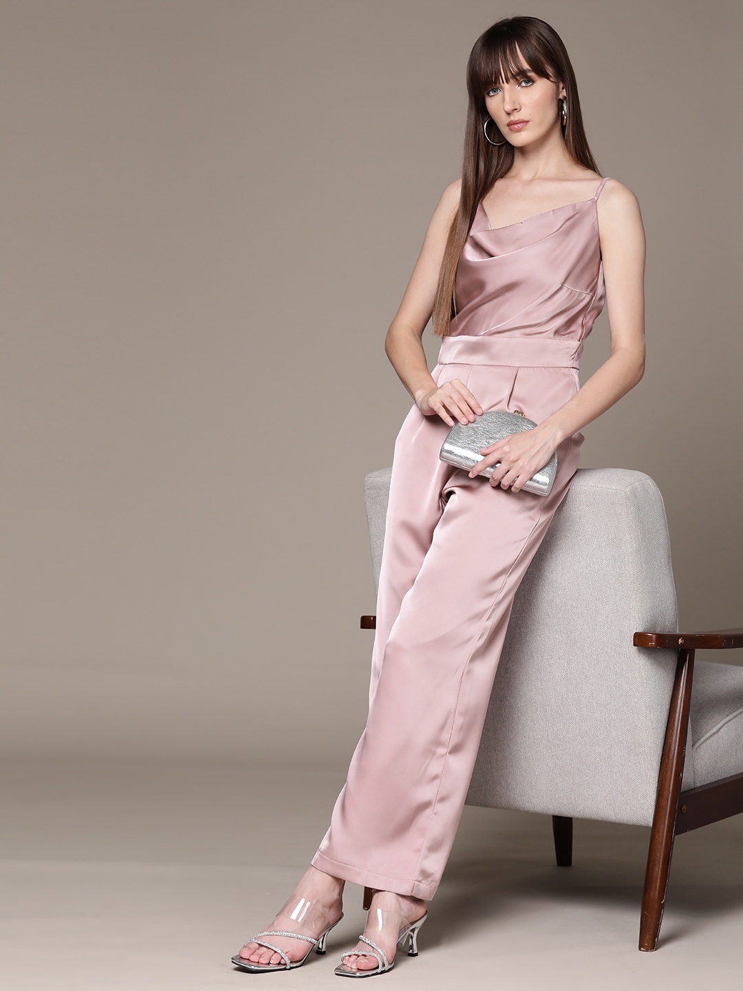 

bebe Party Satin Cowl Neck Basic Jumpsuit, Mauve