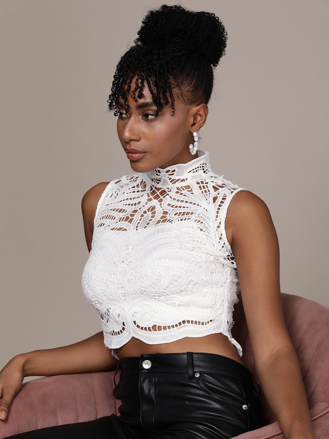 

bebe High Neck Semi-Sheer Fitted Lace Top With Back Zip Closure, White