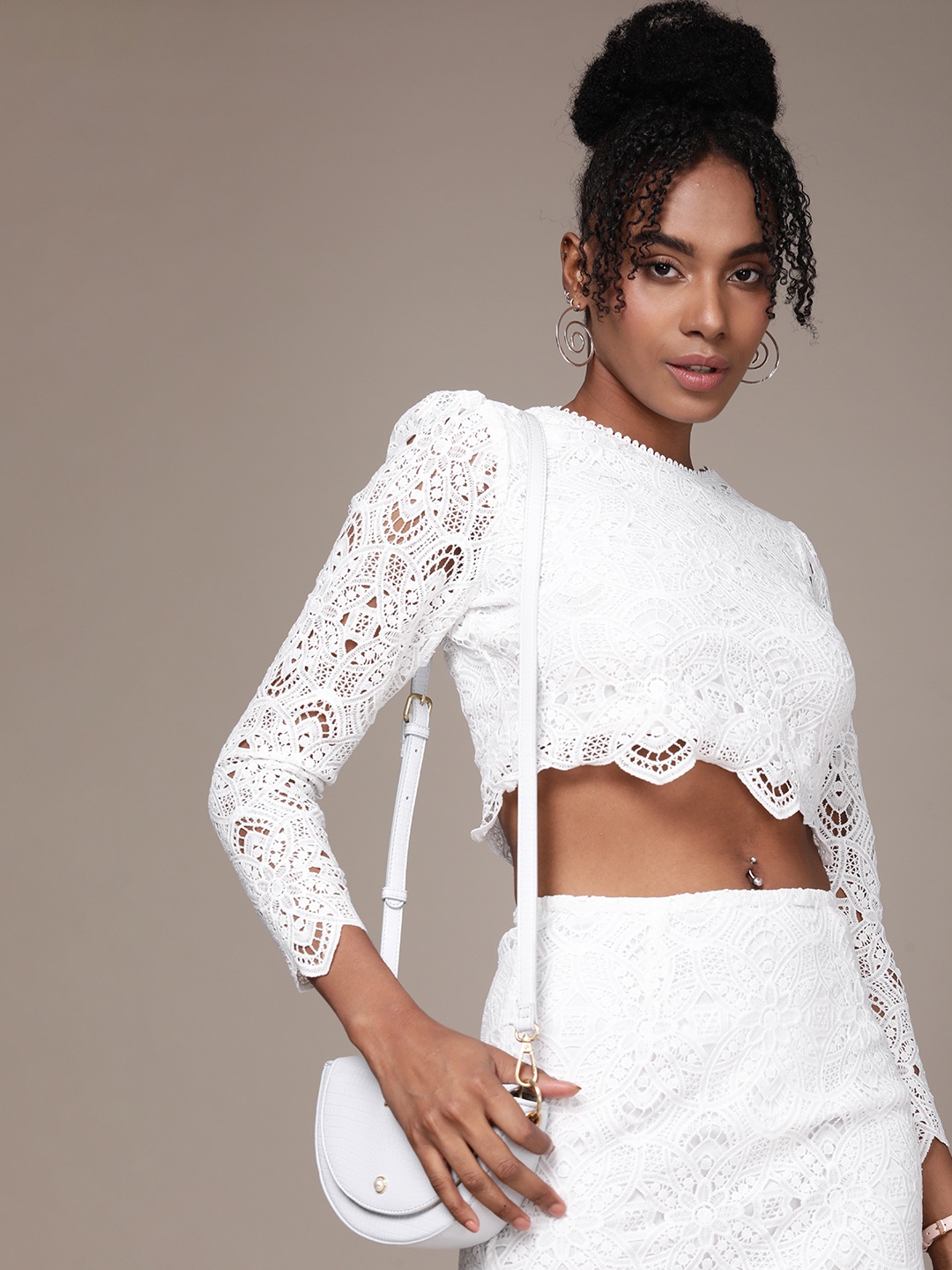 

bebe Women Self Design Lace Long Sleeves Crop Top With Skirt Co-ord Set, White