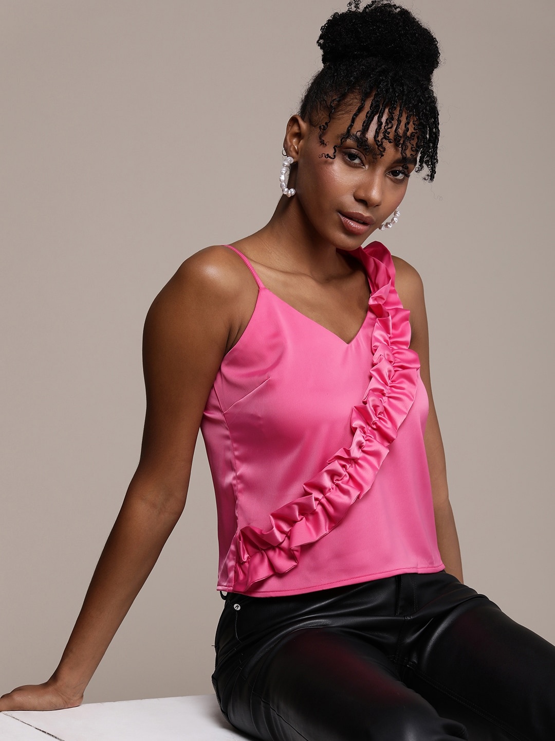 

bebe Shoulder Straps & Ruffles Detail Top, Fuchsia