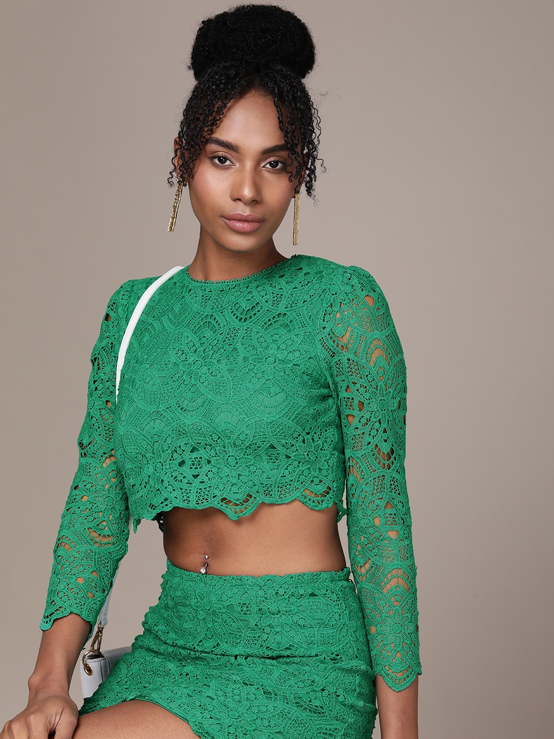 

bebe Women Self Design Lace Long Sleeves Crop Top With Skirt Co-ord Set, Green