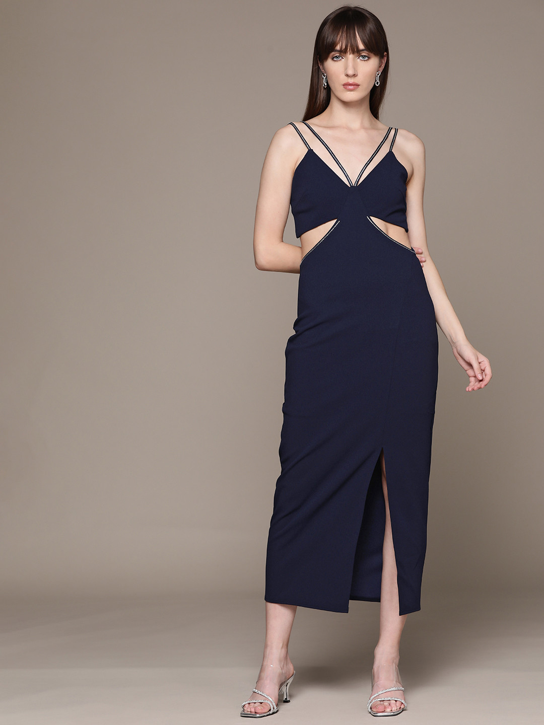 

bebe Future Glam Cut-Out Sheath Midi Dress, Navy blue