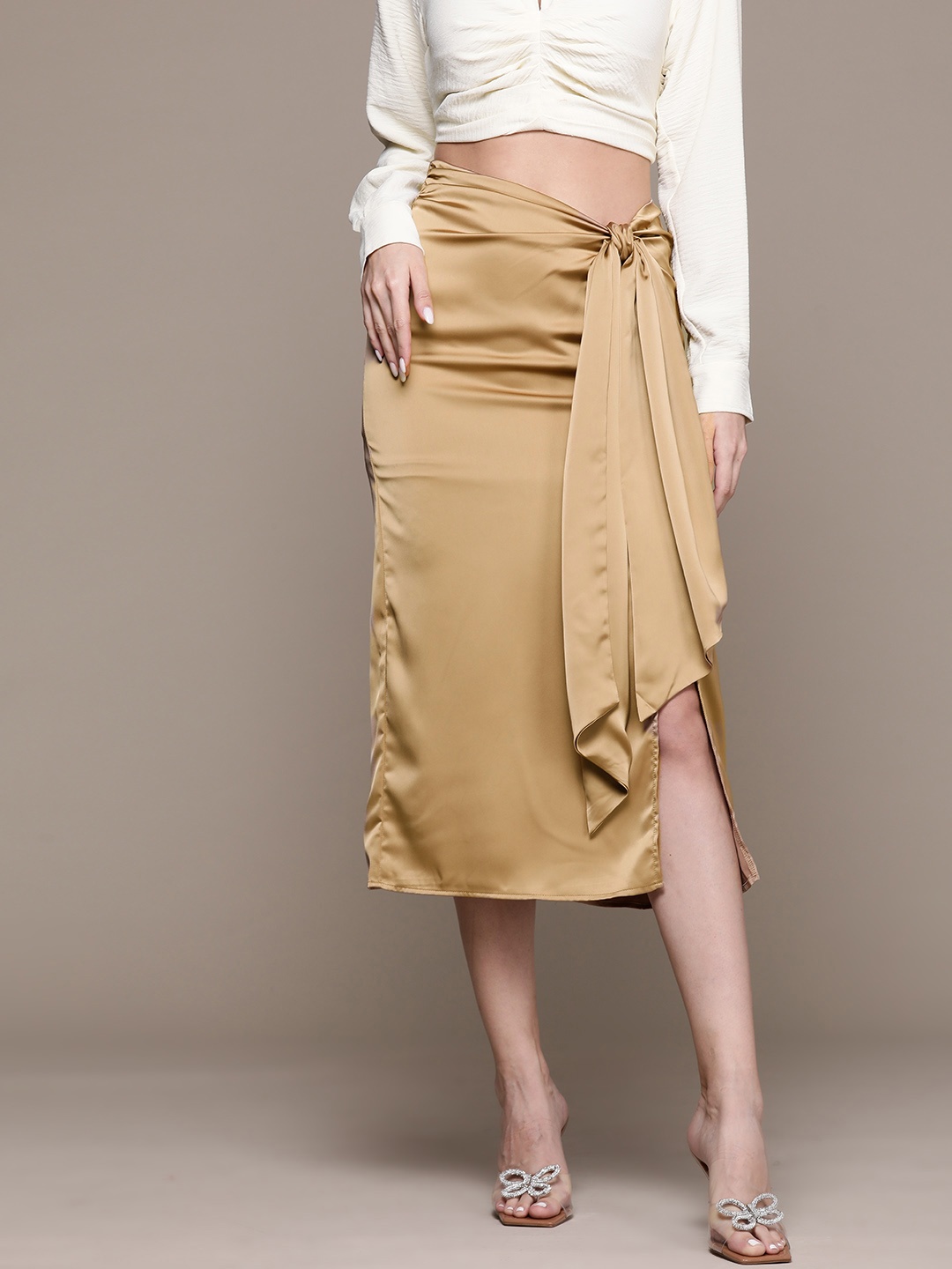 

bebe Soft Romance Satin Finish Side Slit Tie-Up Detail Straight Skirt, Beige