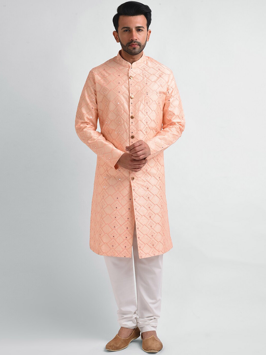 

FEMMIBELLA Men Peach-Coloured Embroidered Mirror Work Kurta with Churidar