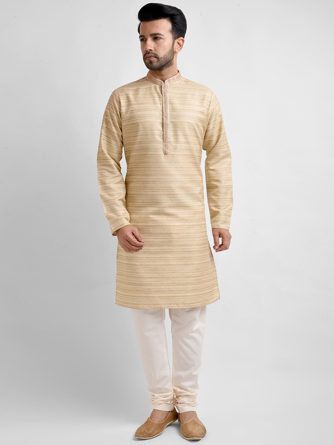 

FEMMIBELLA Men Thread Work Kurta with Churidar, Cream