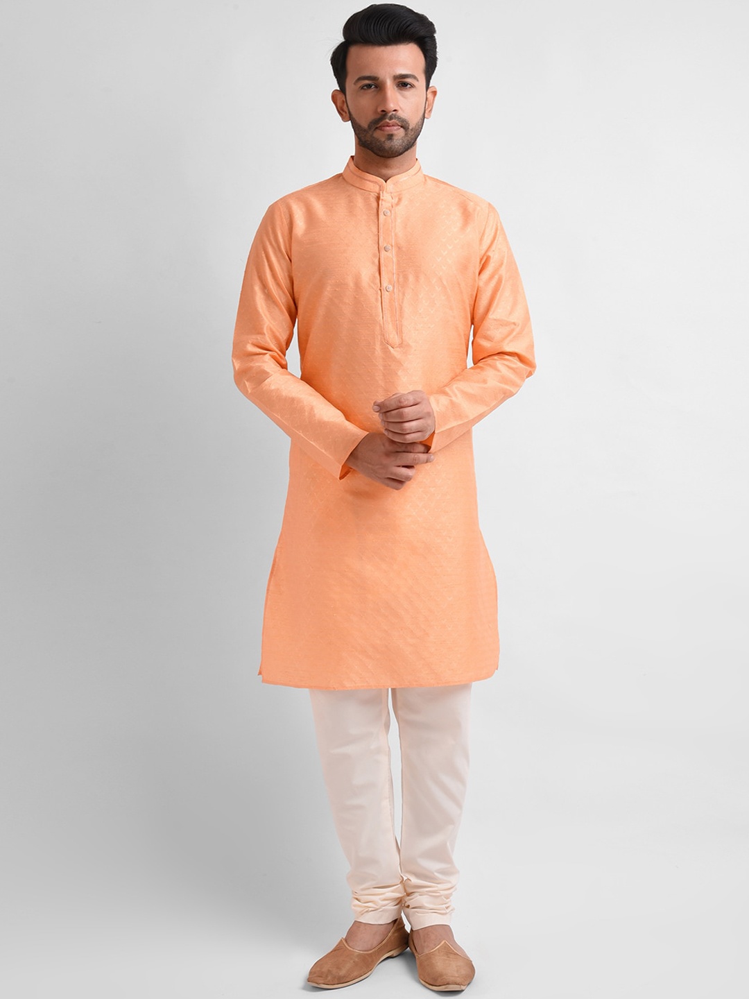 

FEMMIBELLA Men Orange Embroidered Thread Work Kurta with Churidar