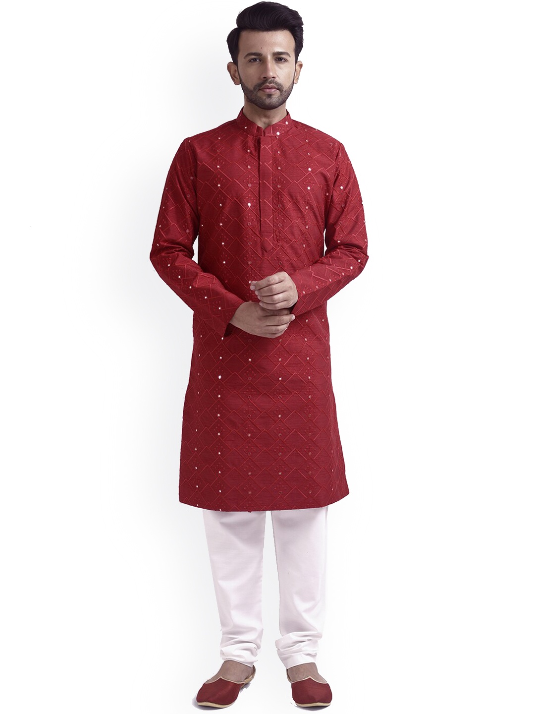 

FEMMIBELLA Men Maroon Embroidered Thread Work Kurta with Churidar