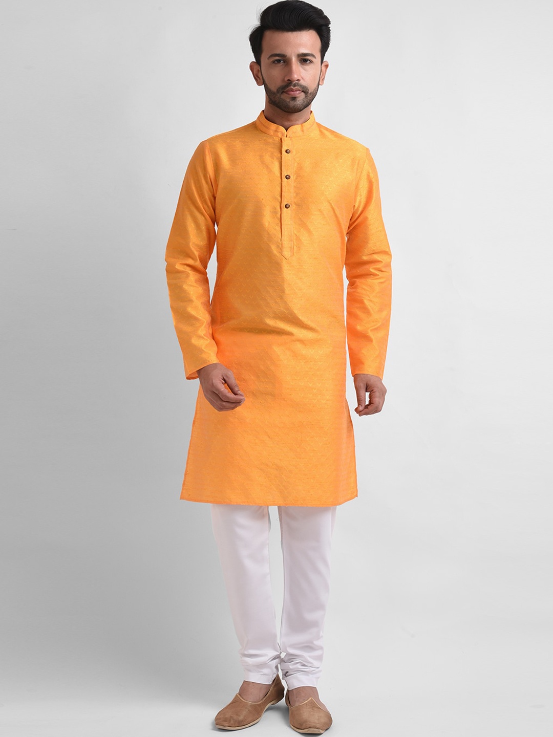 

FEMMIBELLA Men Mustard Yellow Embroidered Kurta with Churidar