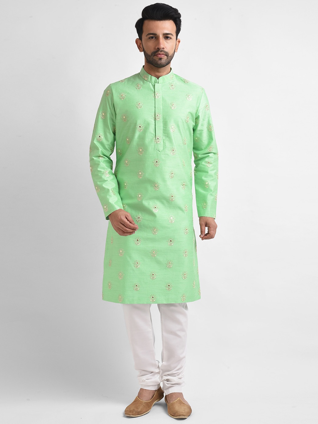

FEMMIBELLA Men Ethnic Motifs Embroidered Thread Work Kurta with Churidar, Sea green