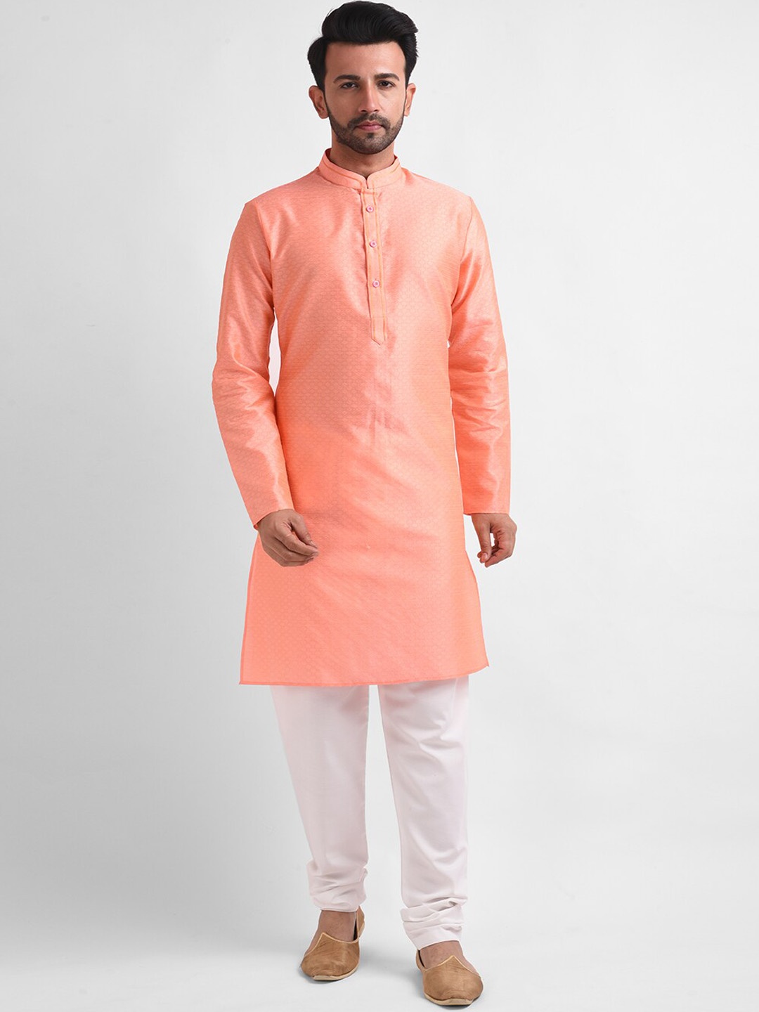 

FEMMIBELLA Woven Design Mandarin Collar Kurta with Churidar, Peach