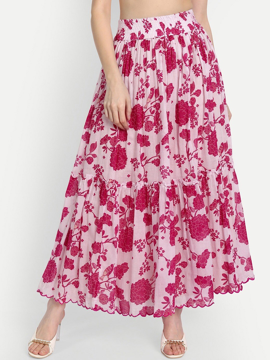 

KAPASRITI Printed Pure Cotton Tiered Maxi Skirts, Pink