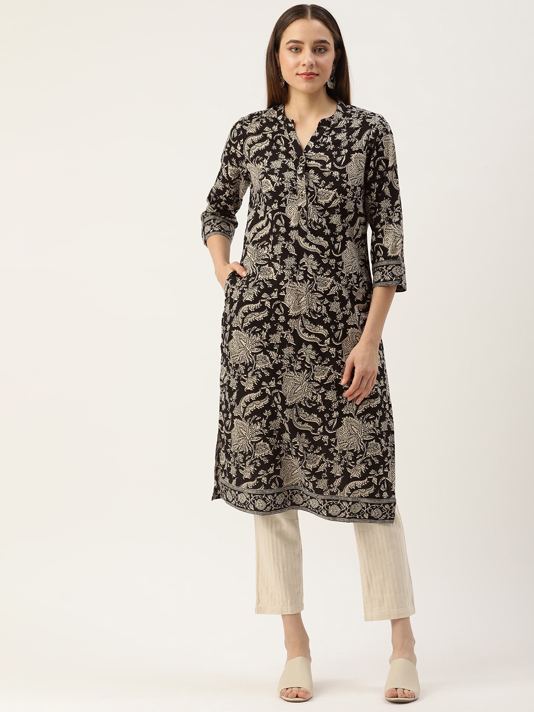 

AMUKTI Ethnic Motifs Printed Straight Kurta, Black