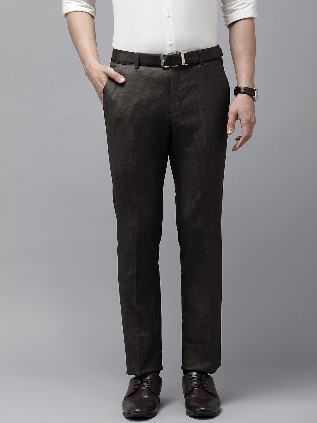 

Arrow Men Textured Tailored Fit Mid Rise Flat Front Formal Trousers, Black
