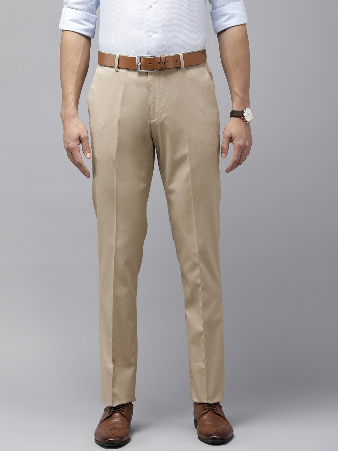

Arrow Men Textured Tailored Fit Mid Rise Flat Front Formal Trousers, Beige