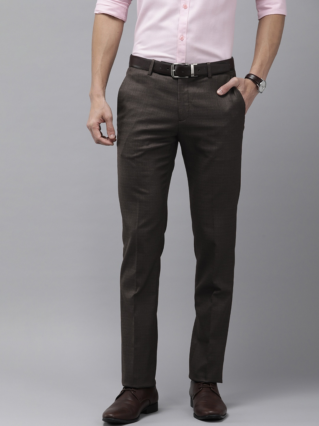 

Arrow Men Checked Tailored Fit Mid Rise Flat Front Formal Trousers, Brown