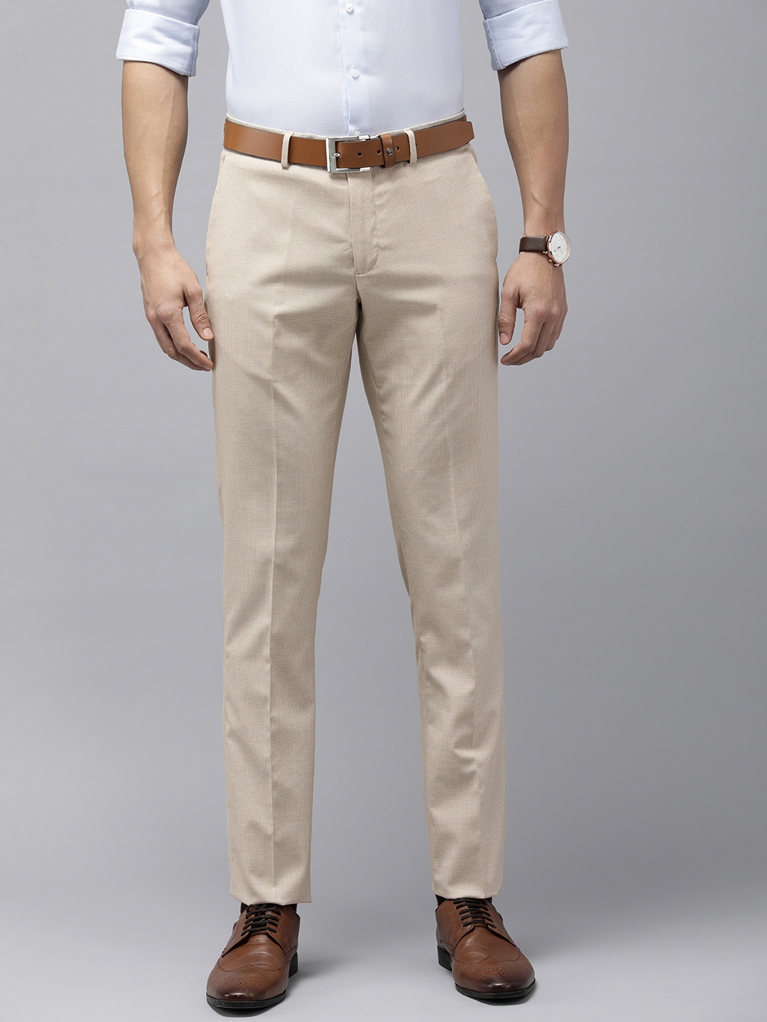 

Arrow Men Textured Tailored Fit Mid Rise Flat Front Formal Trousers, Beige