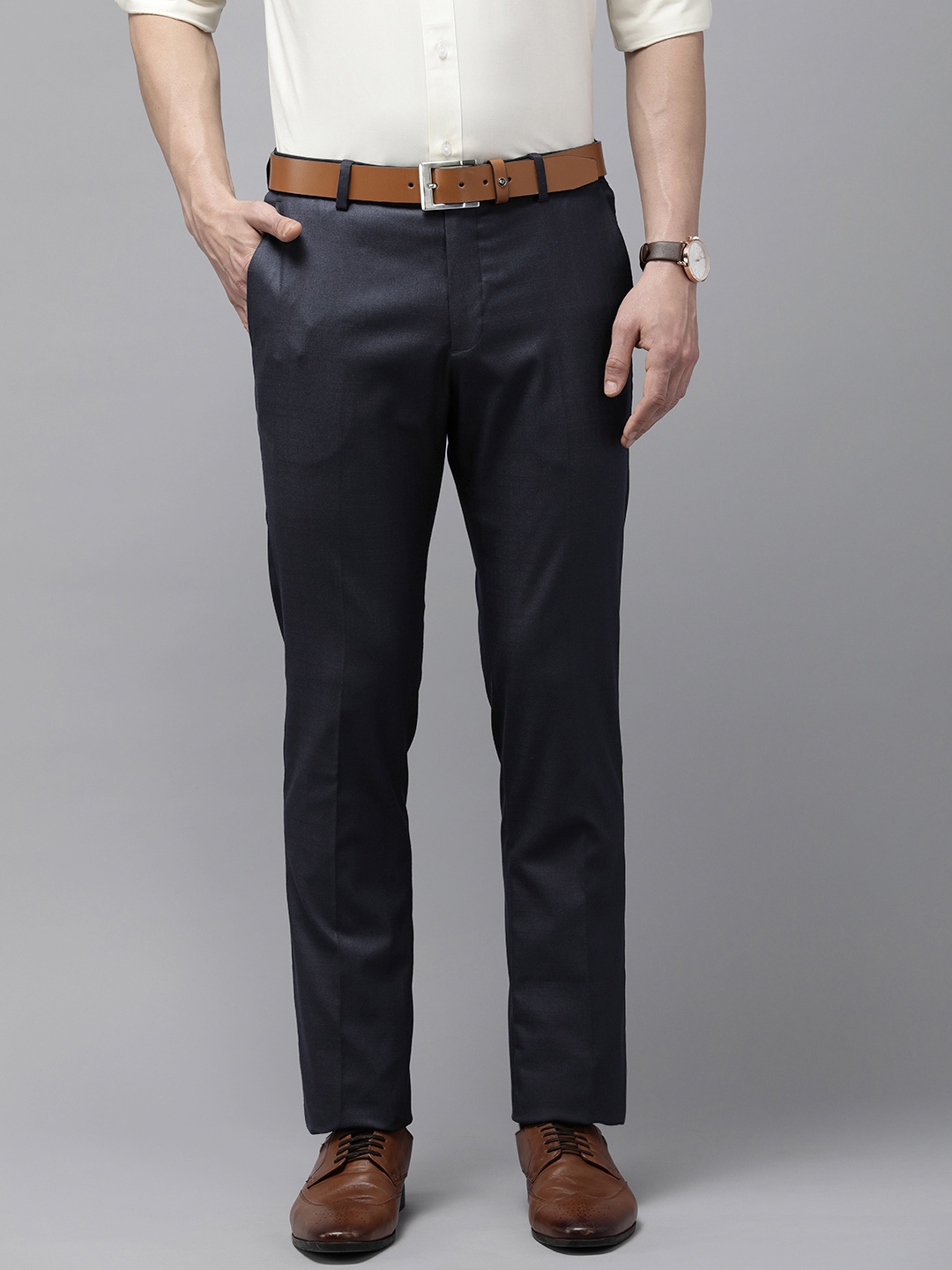 

Arrow Men Checked Tailored Fit Formal Trousers, Navy blue
