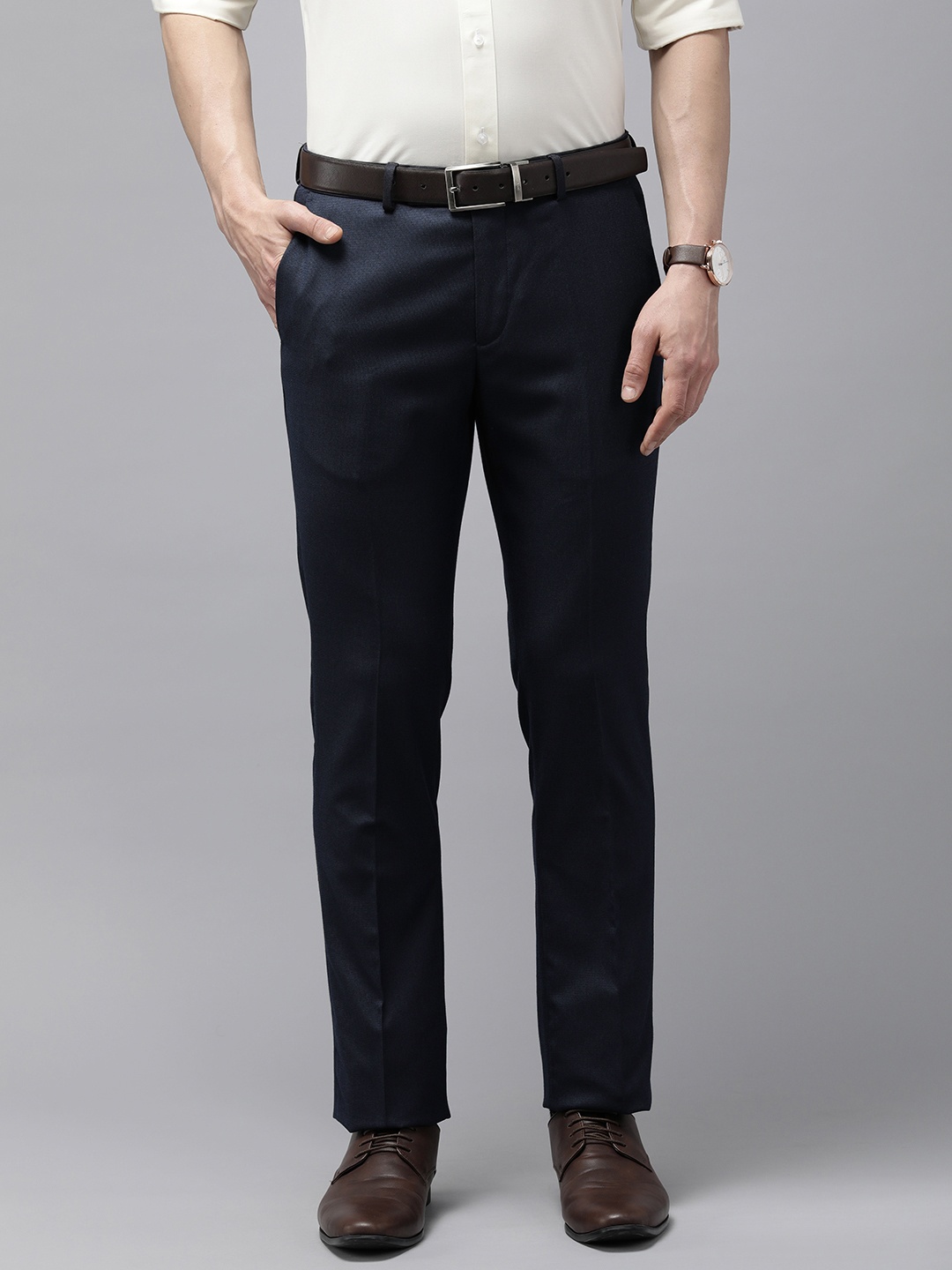 

Arrow Men Textured Tailored Fit Formal Trousers, Navy blue