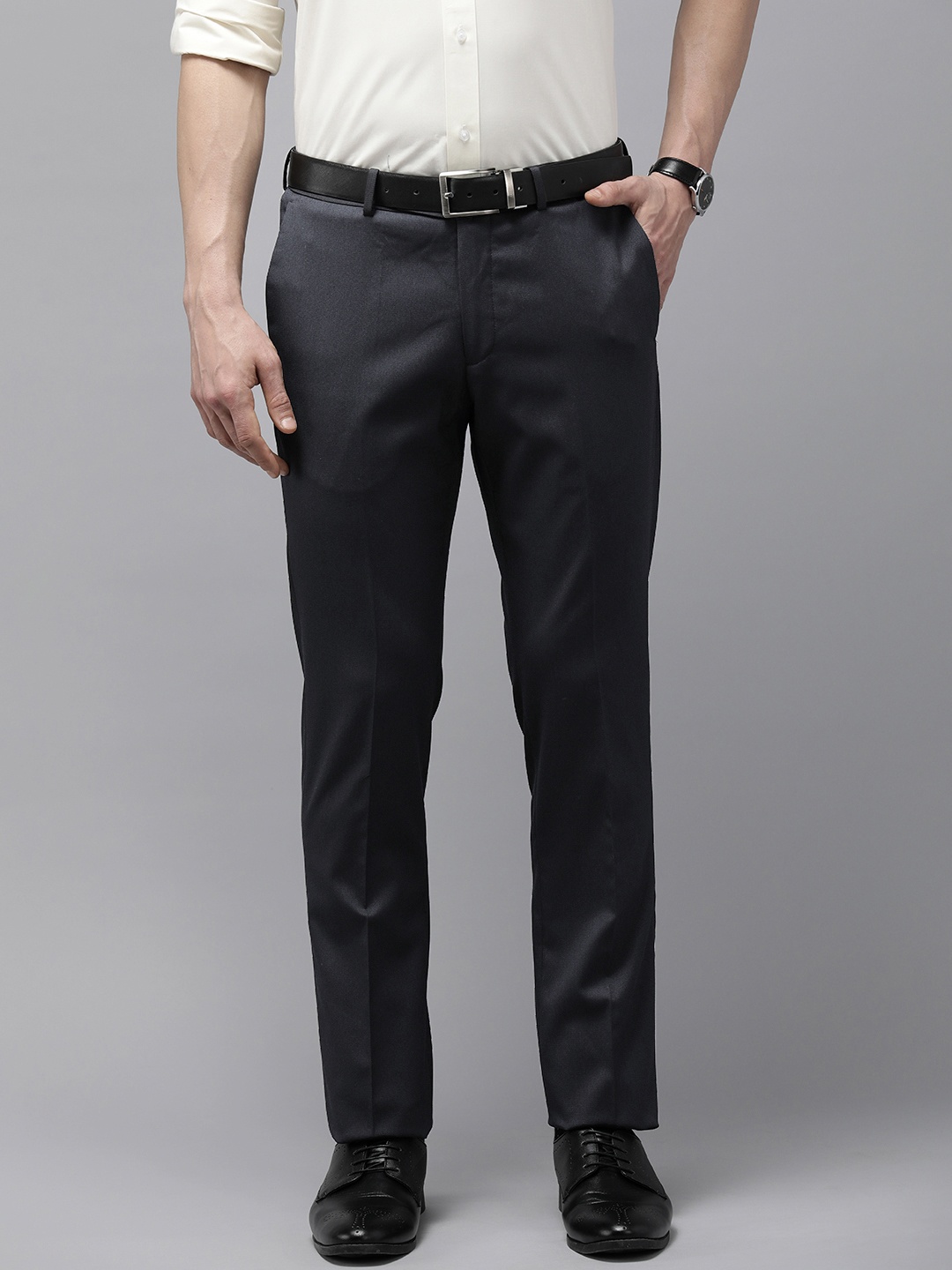 

Arrow Men Textured Tailored Fit Formal Trousers, Navy blue