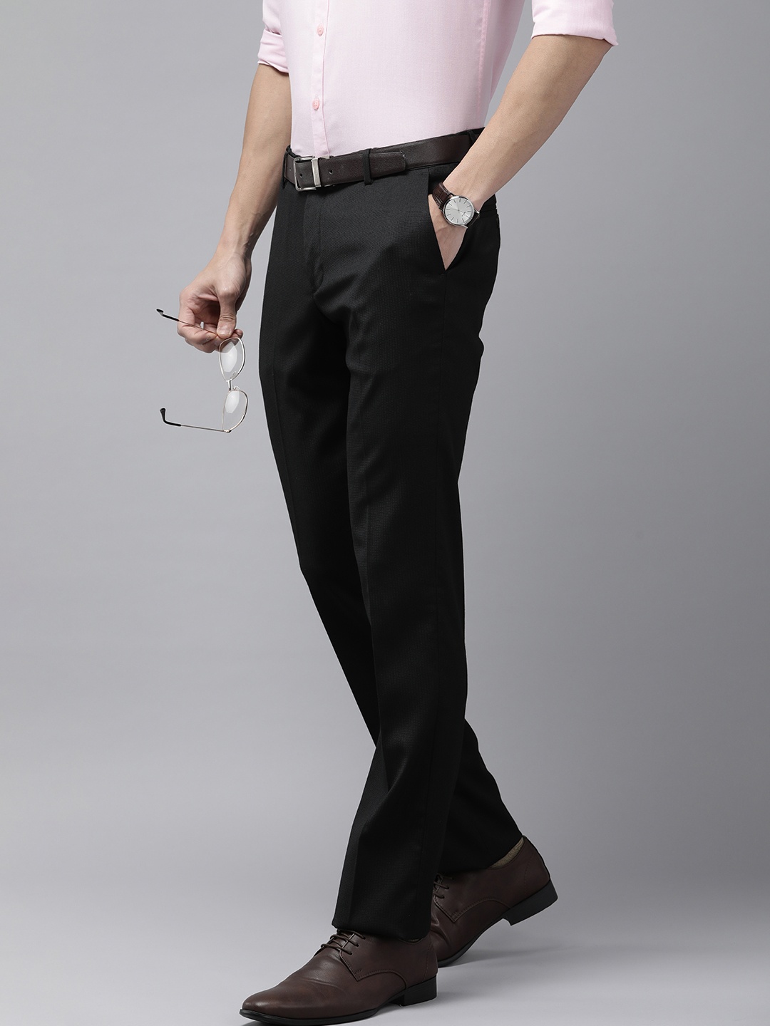 

Arrow Men Textured Tailored Fit Mid Rise Flat Front Formal Trousers, Black