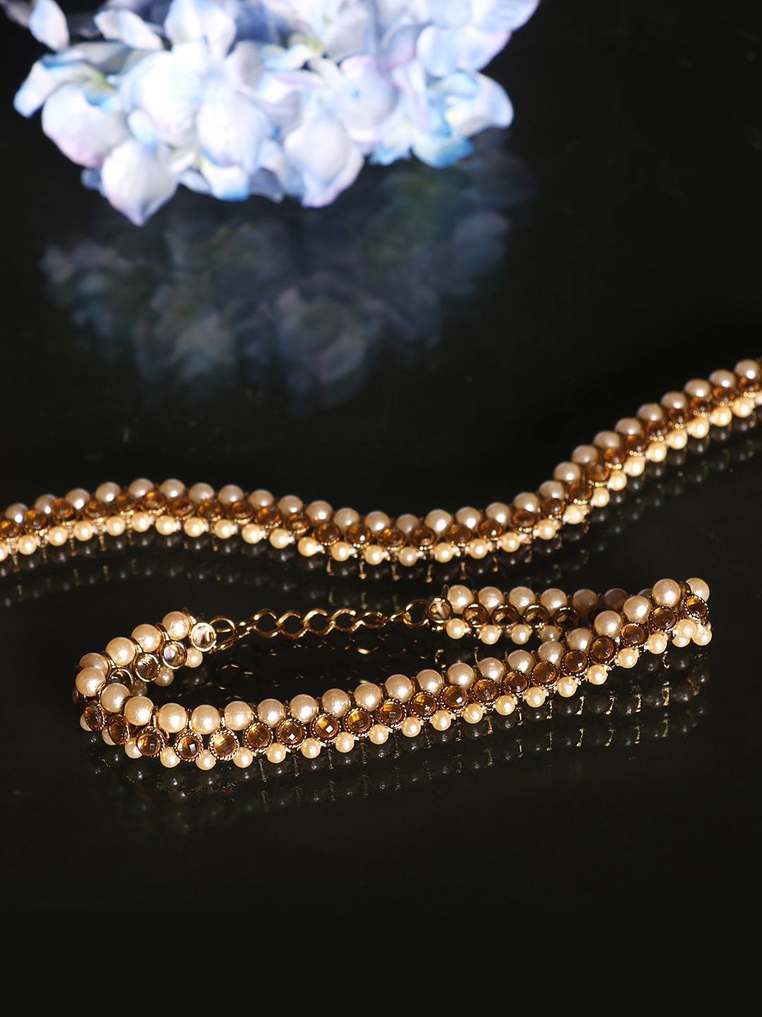 

JEWELS GEHNA Set Of 2 Gold-Plated & Stone-Studded & Pearl Beaded Anklets, Yellow