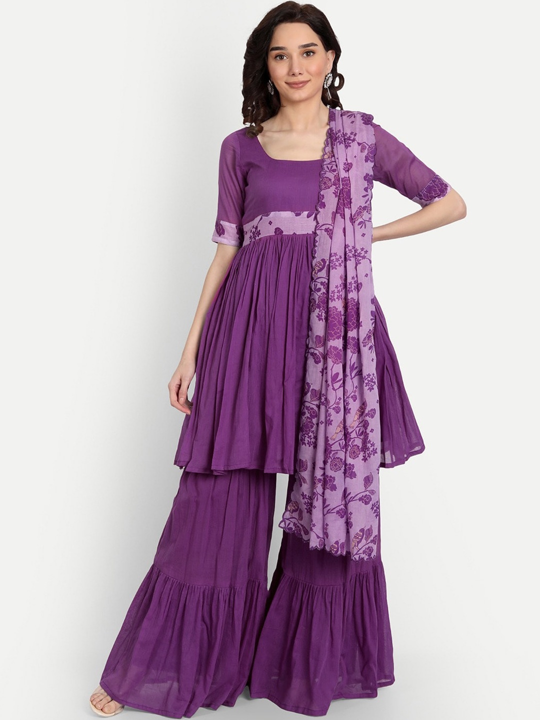 

KAPASRITI Pleated Pure Cotton Kurti with Sharara & With Dupatta, Purple