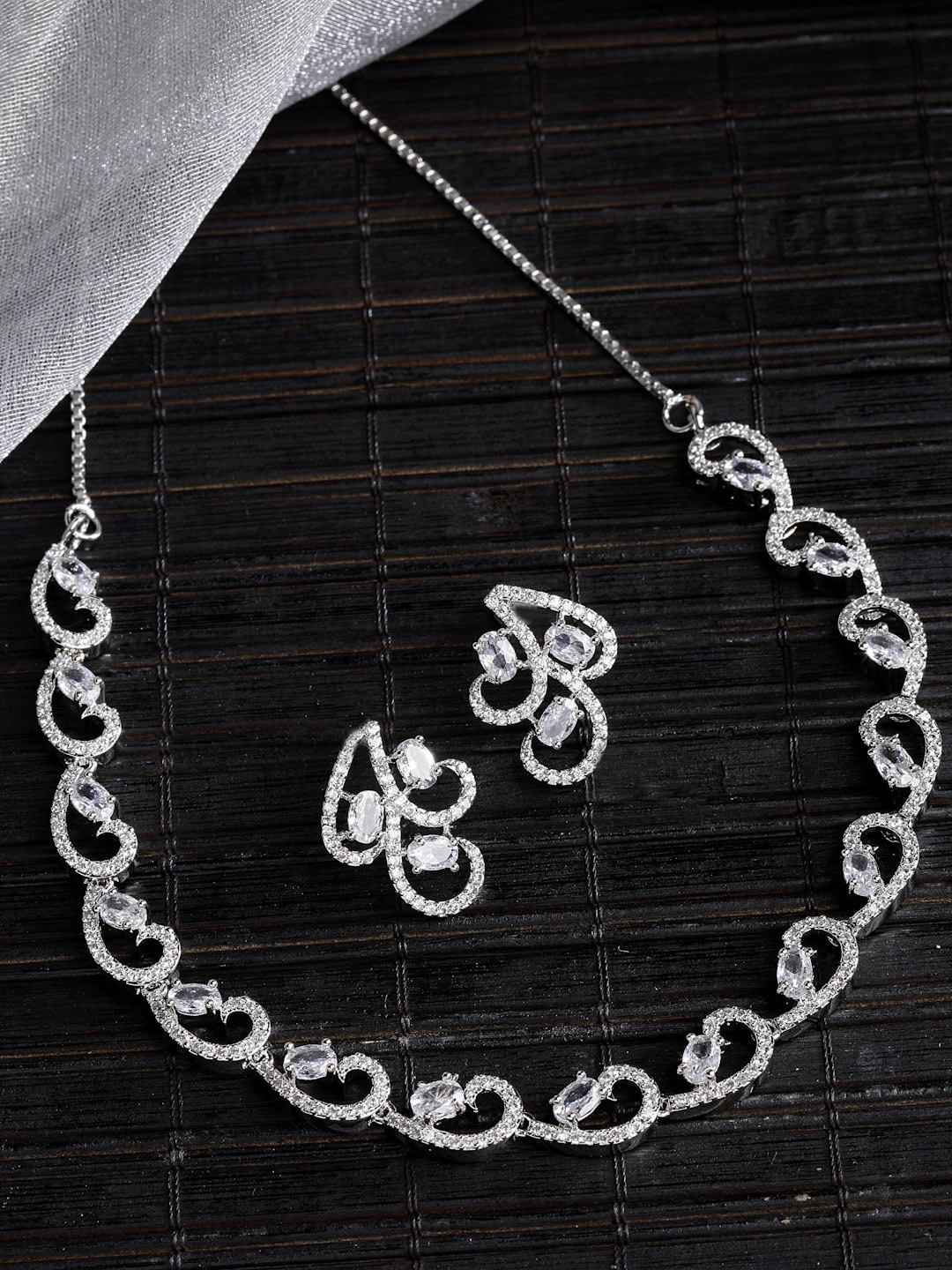

ZENEME Rhodium-Plated AD-Studded Jewellery Set, Silver