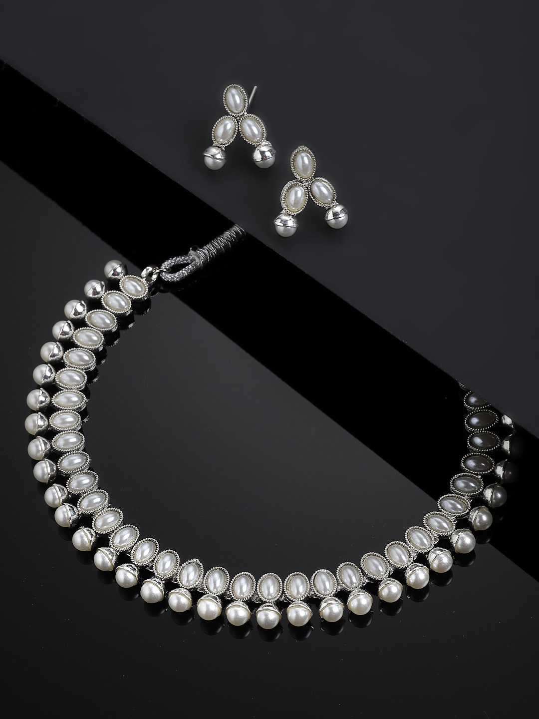 

ZENEME Silver-Plated Oxidized & Pearl Beaded Jewellery Set
