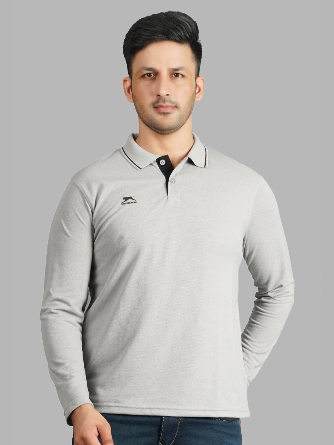 

Shiv Naresh Men Grey Polo Collar Cotton T-shirt