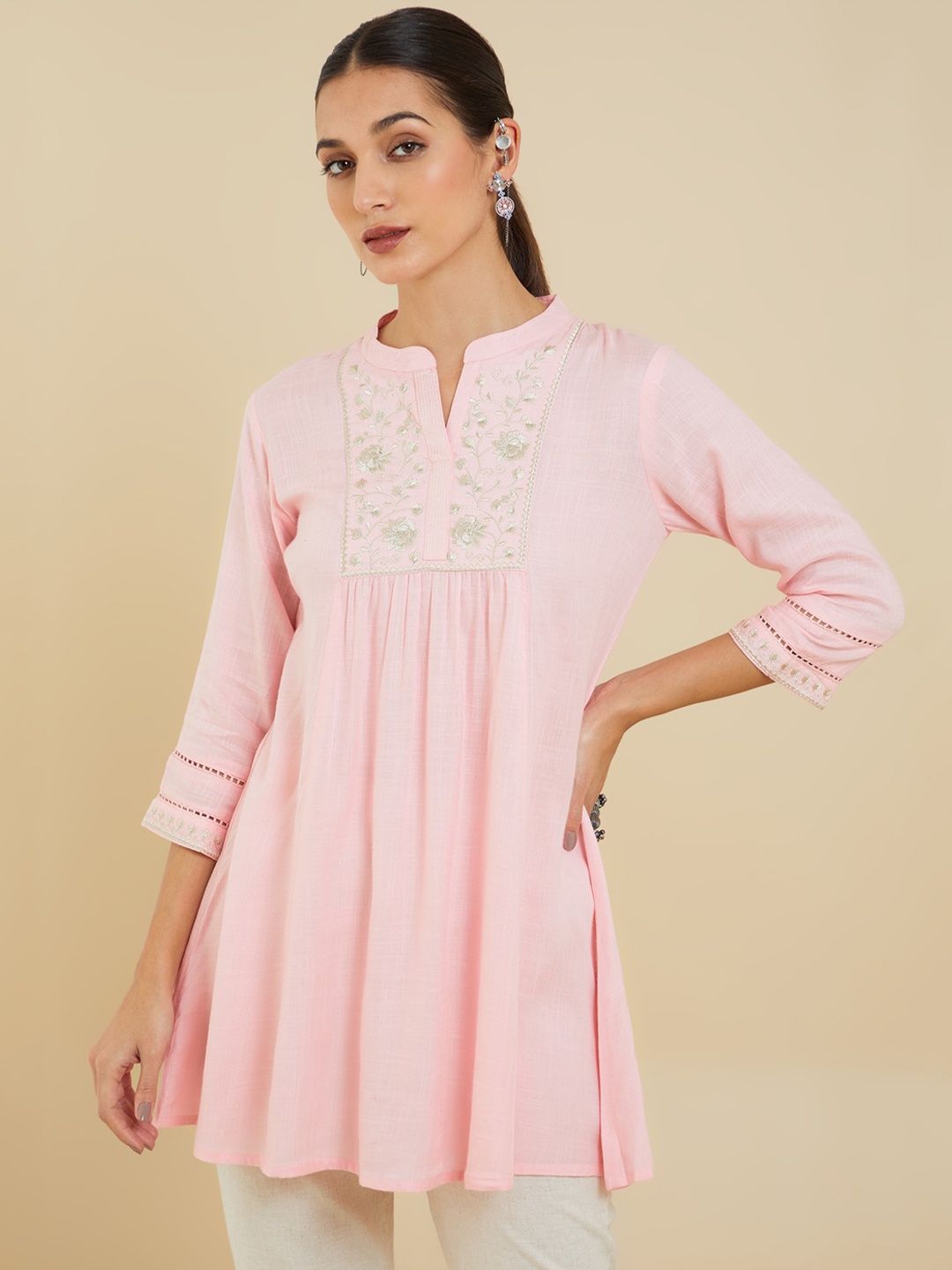 

Soch Mandarin Collar Embroidered Tunic, Pink