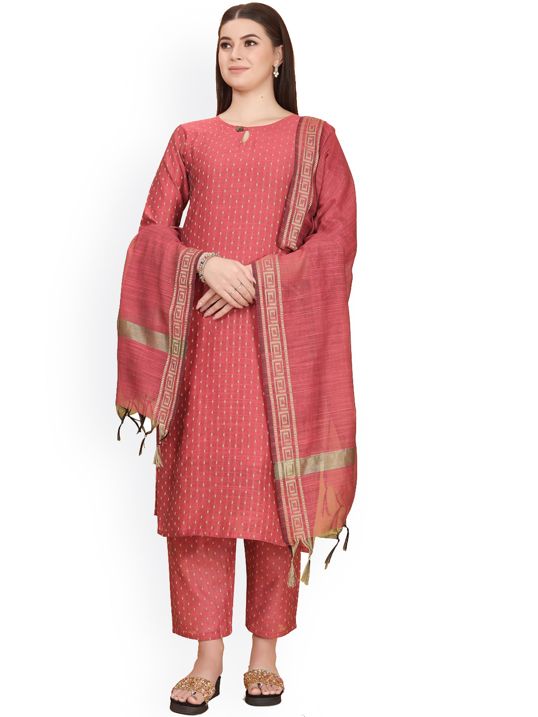 

Atsevam Women Peach-Coloured Kurta with Trousers & With Dupatta