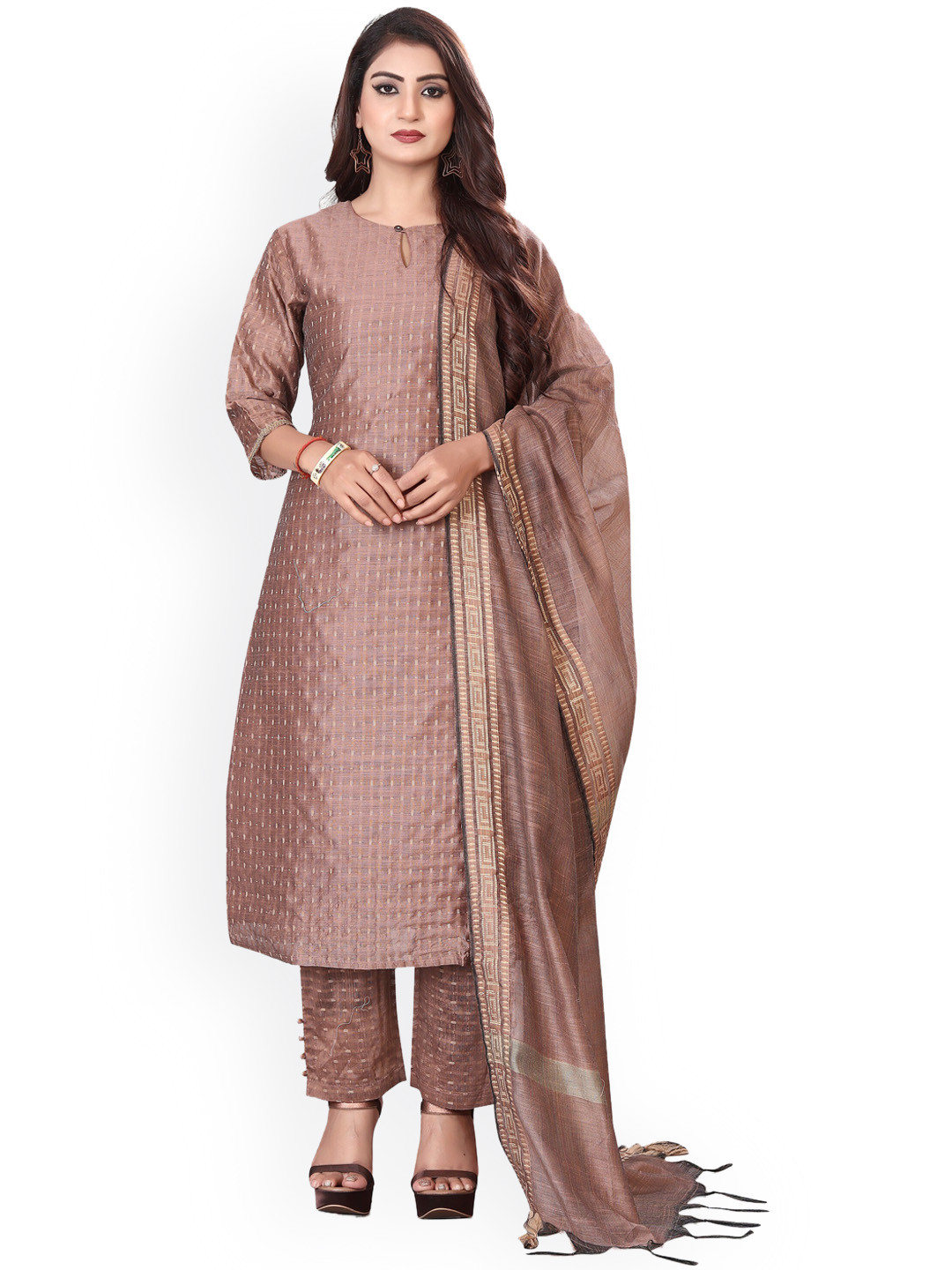 

Atsevam Women Brown Printed Kurta with Trousers & With Dupatta